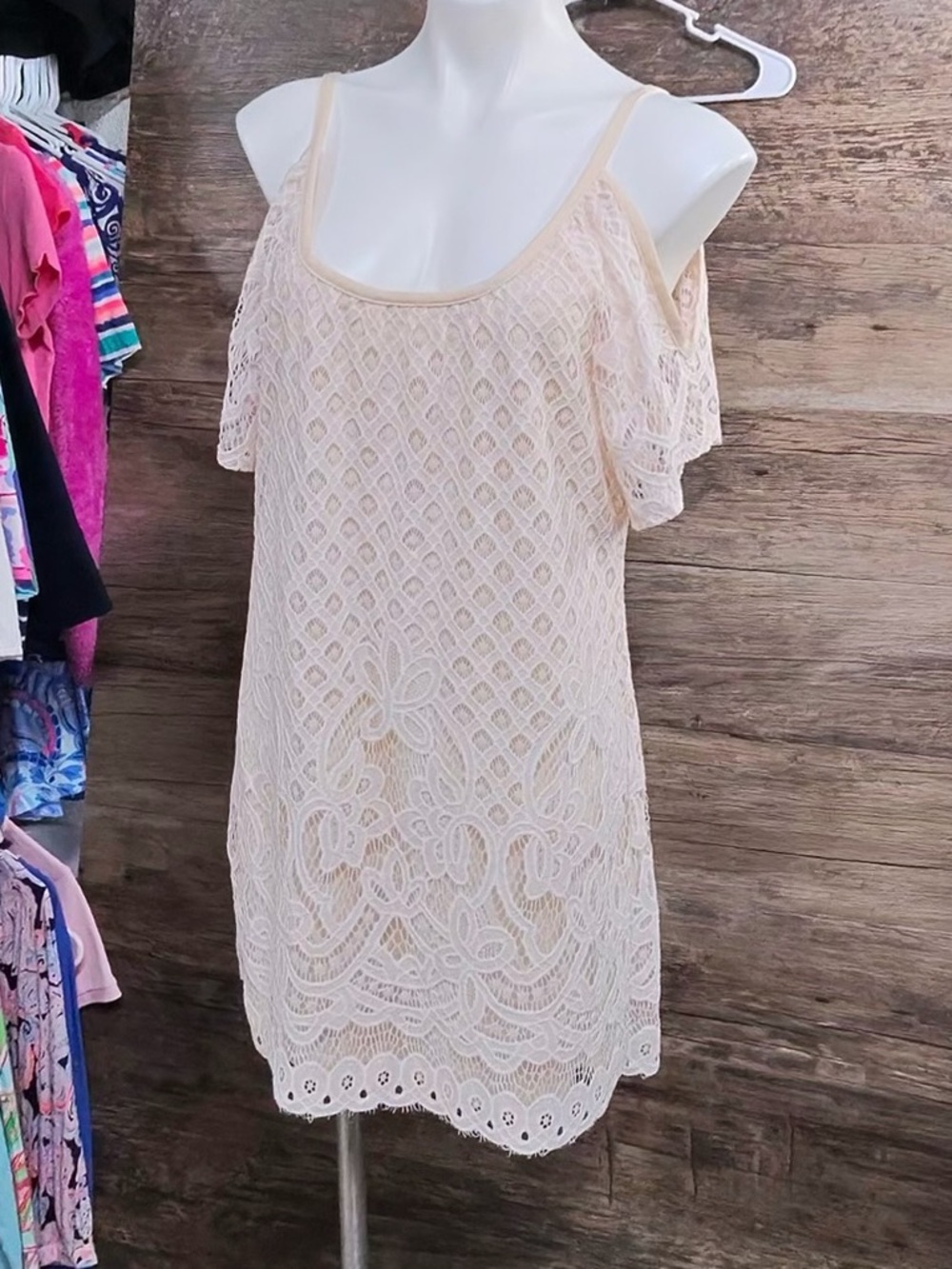 VENUS Beige Crochet Cold-Shoulder Swim Cover-Up